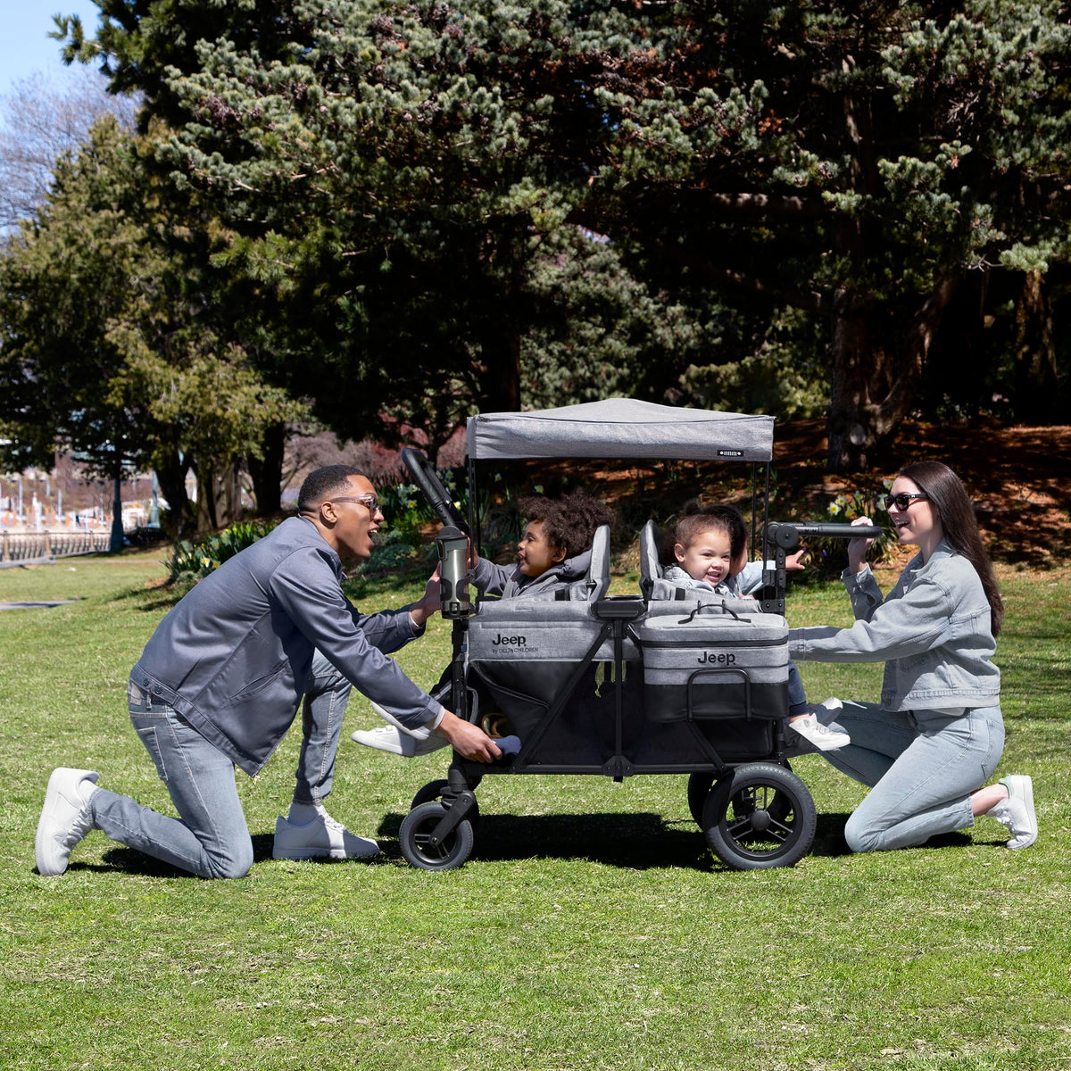 Convertible 4-Kid Wagon Stroller with 5 Seating Options, Canopy, Storage, Cooler & Safety Harnesses