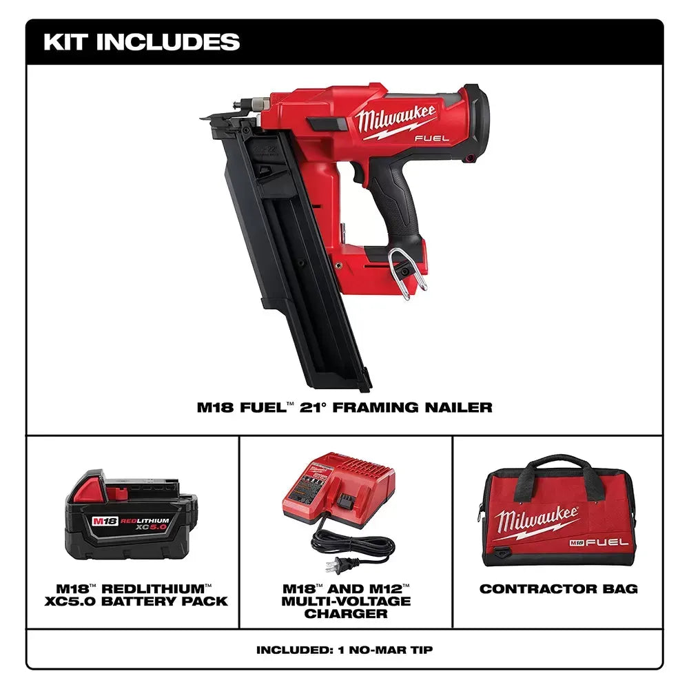 Milwaukee 2744-21 M18 FUEL 18V 21 Degree Framing Nailer 5.0 Ah Kit