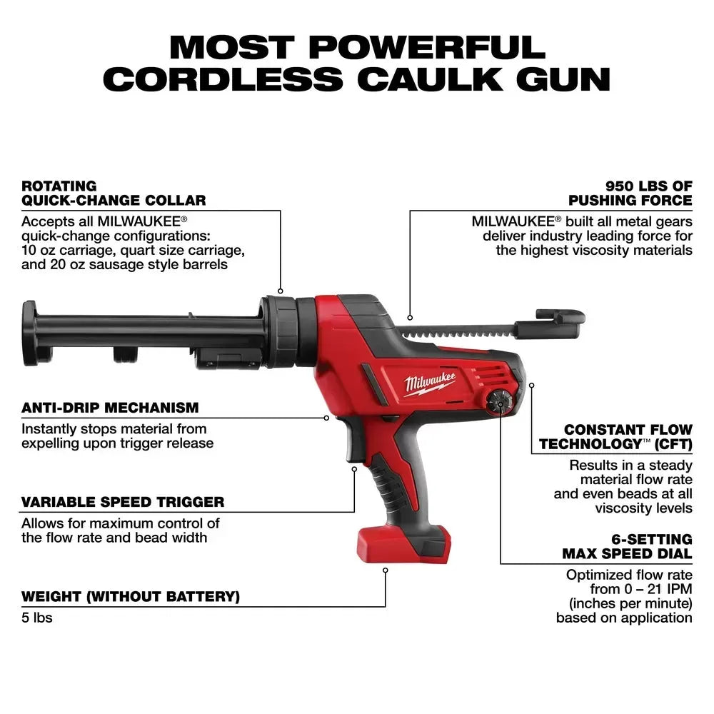 Milwaukee 2641-80 M18 18V 10-Ounce Caulk and Adhesive Gun - Bare Tool - Recon