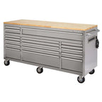 72 Inch Mobile Workbench with 18 Drawers - Stainless Steel Rolling Tool Cabinet with Wood Top
