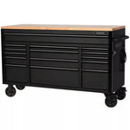 61 Inch 15 Drawer Mobile Workbench - Heavy Duty Steel Tool Cabinet with Wood Top and Power Strip