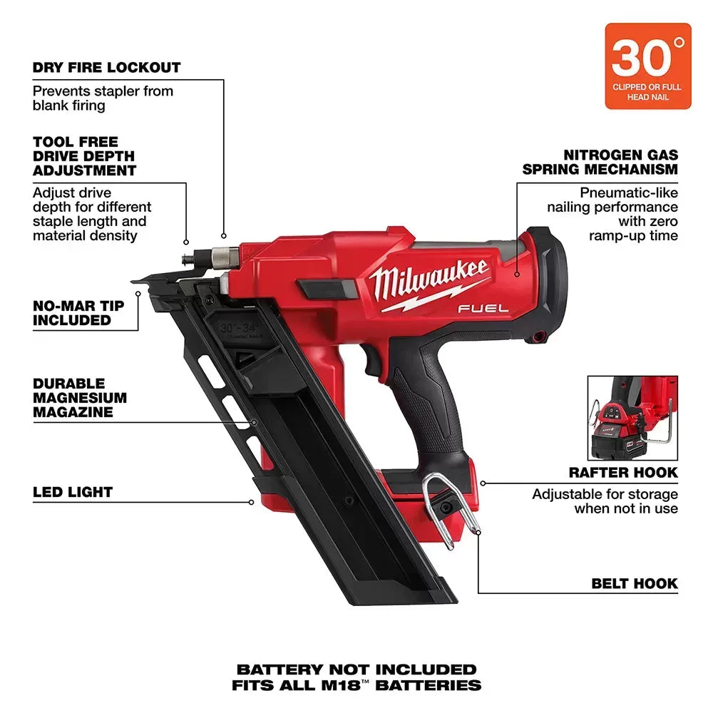 Milwaukee 2745-20EM M18 FUEL 18V 30 Degree Framing Nailer w/ EXT Capacity Mag