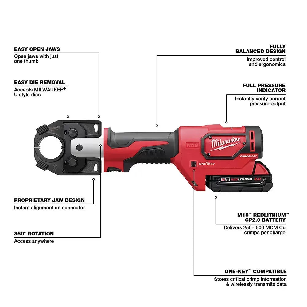 Milwaukee 2679-22 M18 18V 600 Mcm U Style Crimping Jaw w/ Batteries & One Key