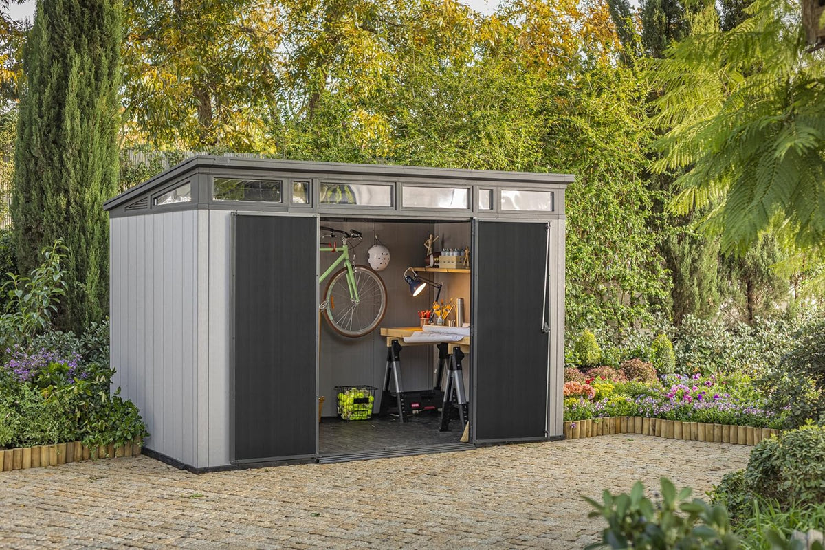 11 x 7 ft Resin Outdoor Storage Shed - Grey & Black Garden Shed Kit for Tools and Patio Storage