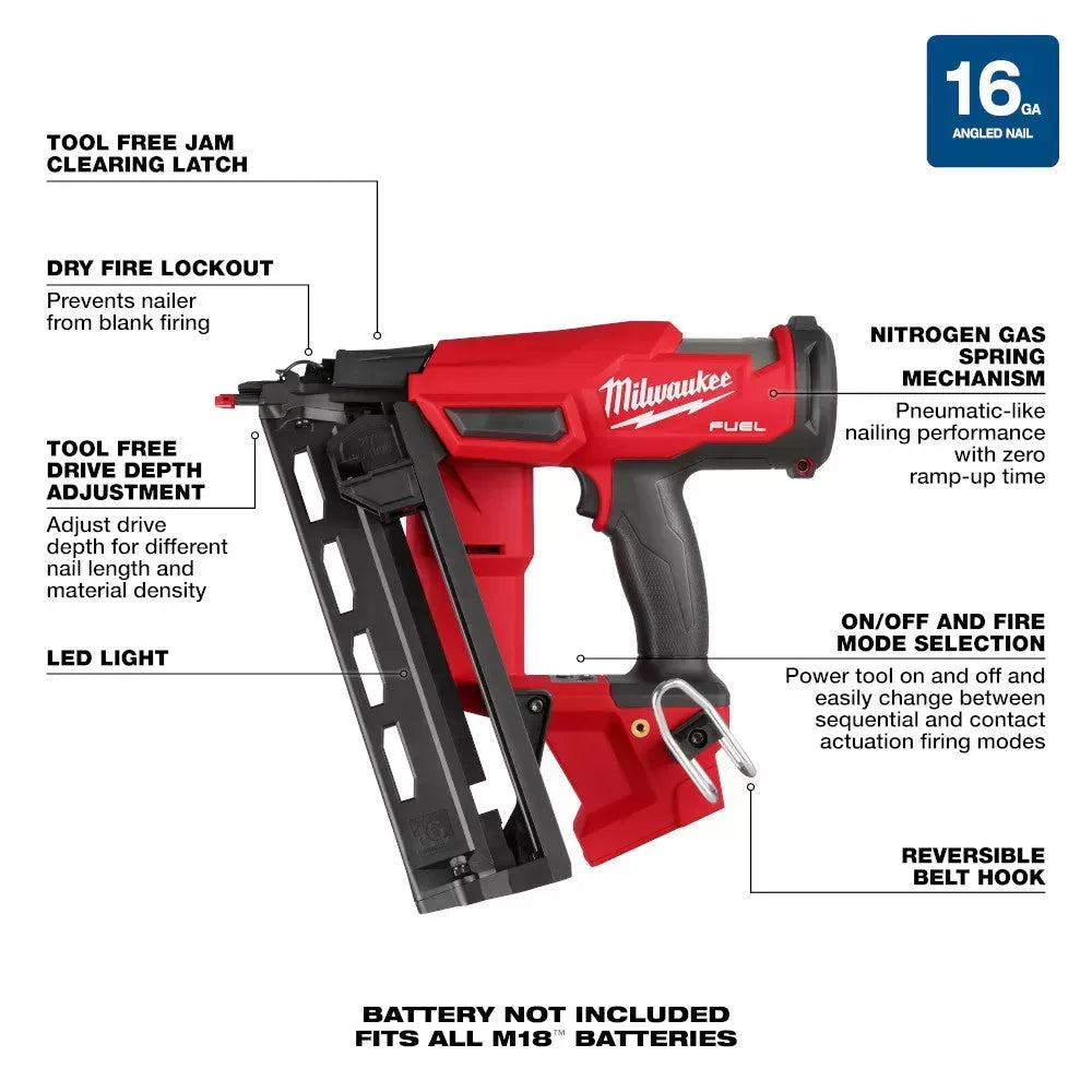 Milwaukee 2841-20 M18 FUEL Ergonomic 16 Gauge Angled Finish Nailer - Bare Tool